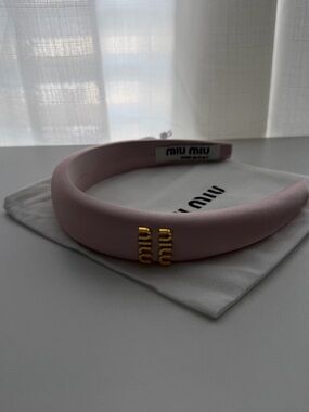 Miu Miu Light Pink Fabric Headband with Gold Logo